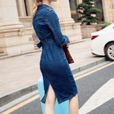 Lizakosht  Jeans Dress Denim Dresses Winter Office Slim Jeans Long Sleeve Mid-Cuff Denim with Belt for Women Jeans Dress Long Dress